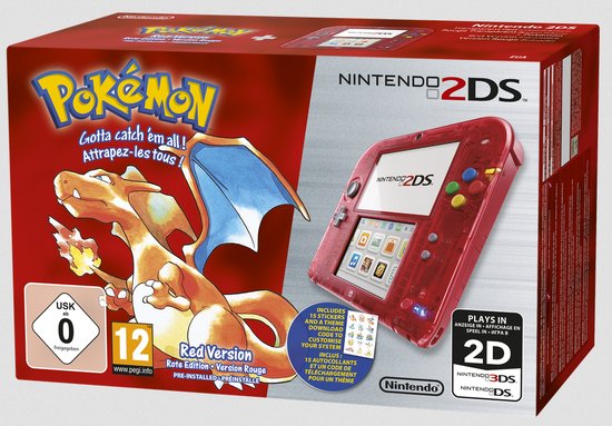 Nintendo 2DS Console Transparant Rood + Pokemon: Red Version (VC) (3DS), Nintendo, Game Freak