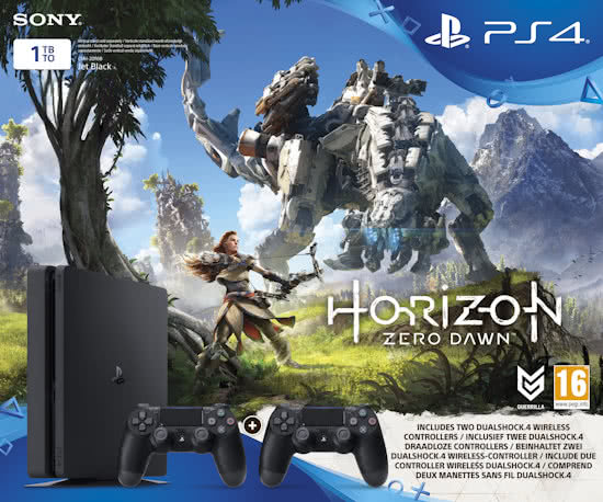 PlayStation 4 Slim (1 TB) + 2 Controllers + Horizon Zero Dawn (PS4), Sony Computer Entertainment