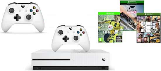 Xbox One S Console (500 GB) + 2 controllers + Forza Horizon 3 + GTA V + FIFA 17 (Xbox One), Microsoft