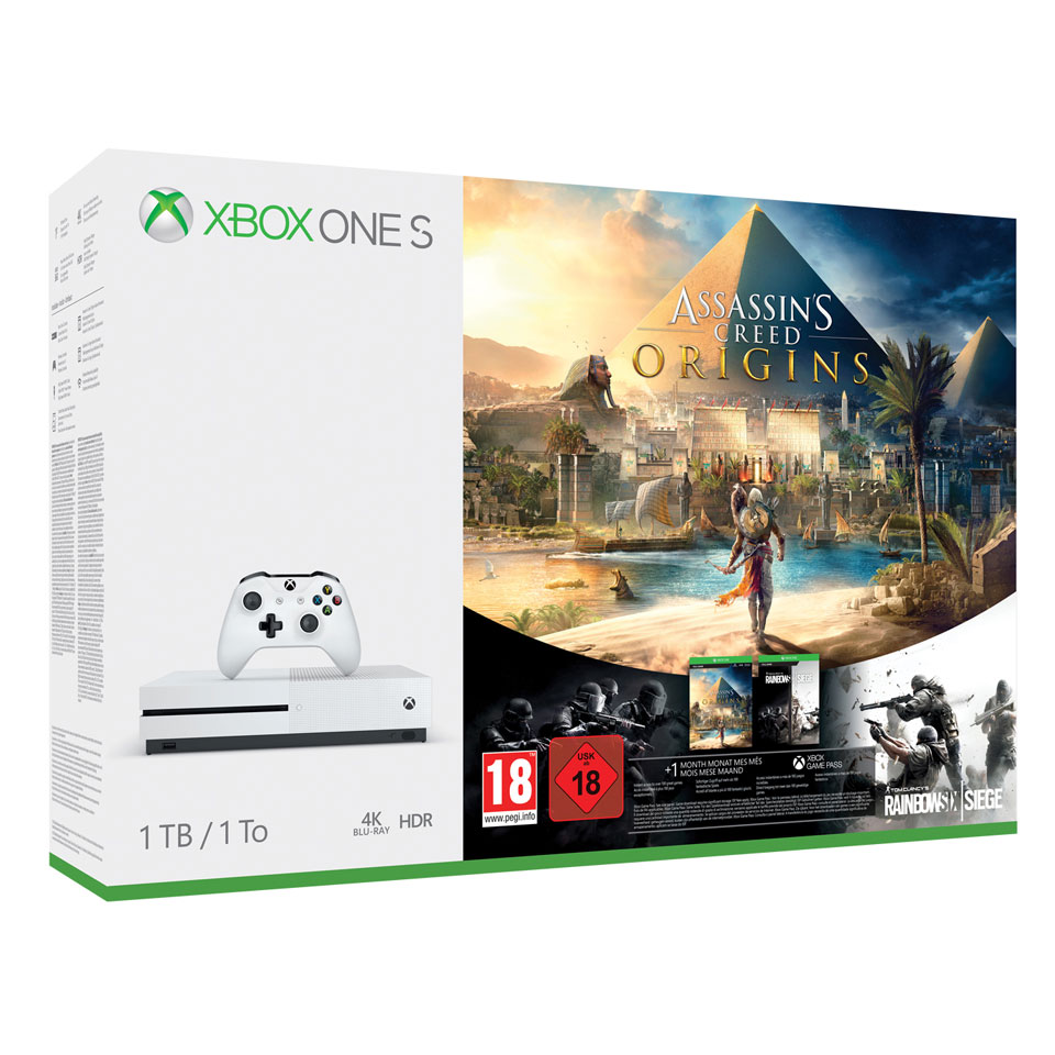 Xbox One S Console Wit (1 TB) + Assassin's Creed Origins + Rainbow Six Siege (Xbox One), Microsoft