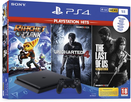 PlayStation 4 Slim (1 TB) + Ratchet and Clank + The Last of Us Remastered + Uncharted 4 Bundel