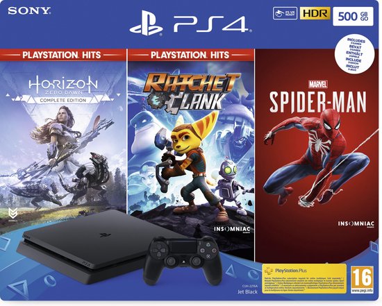 PlayStation 4 Slim (500 GB) + Spider-Man + Ratchet & Clank + Hoizon: Zero Dawn (PS4), Sony Computer Entertainment