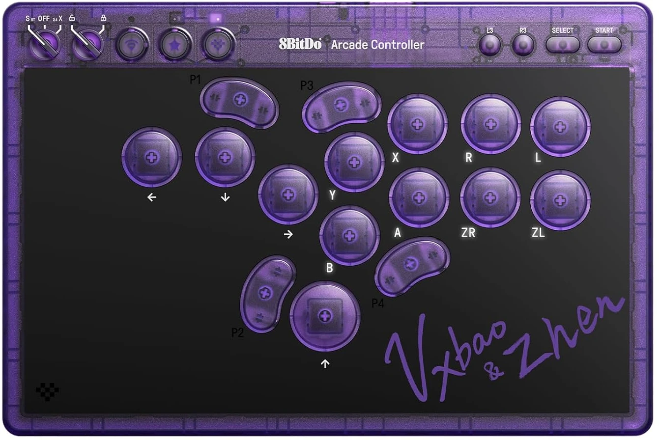 8Bitdo Arcade Controller (Transparent Purple) - Signature Edition (Switch 2), 8bitDo